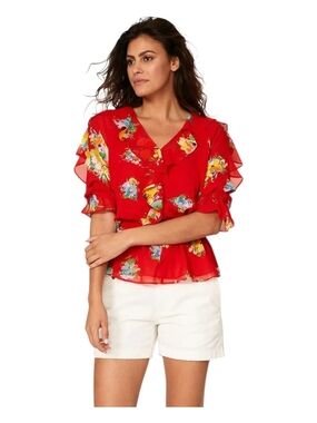 Ralph Lauren Red Floral Ruffle V-Neck Blouse